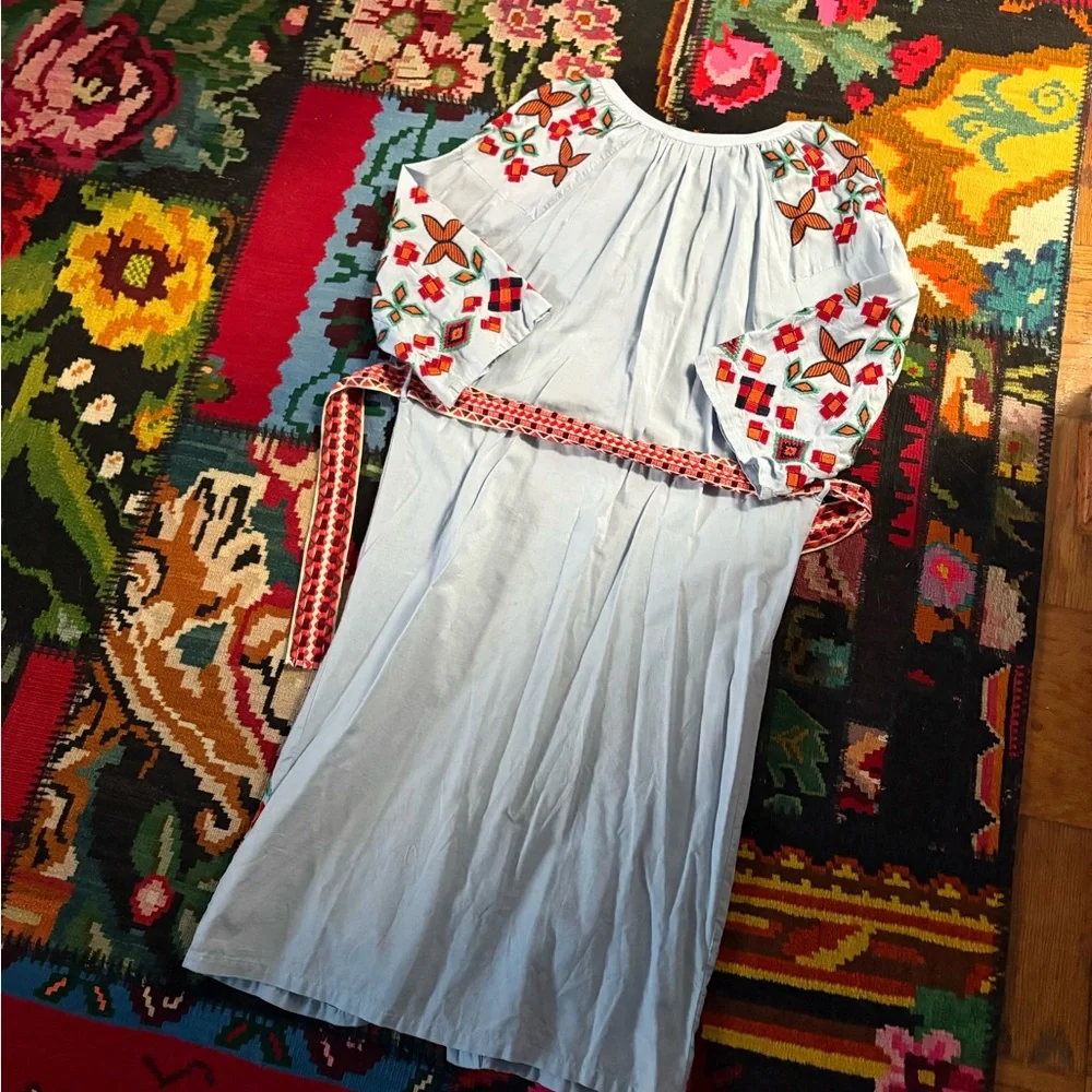 Embroidered Light Blue TRF Dress with Red and Orange Accents - Picture 3 of 9